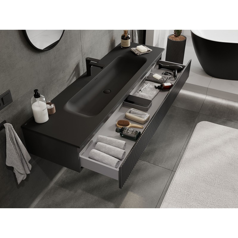 Mexen Rivel koupelnová skříňka 160 cm s umyvadlem Vela, 1 zásuvka, rýhovaná, černá mat - 91A20-16023-1-BF71-W23M71