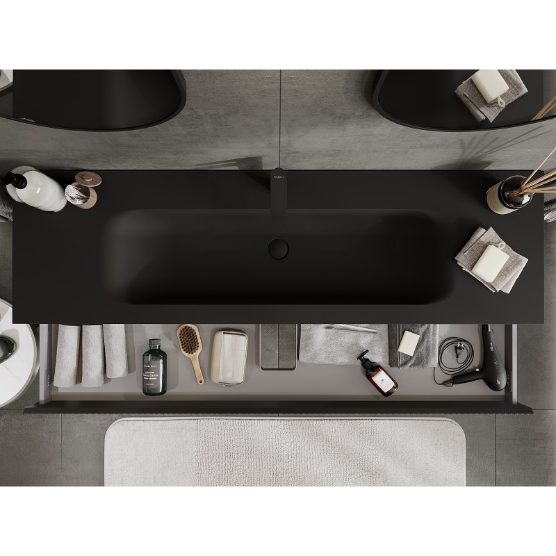 Mexen Rivel koupelnová skříňka 160 cm s umyvadlem Vela, 1 zásuvka, rýhovaná, černá mat - 91A20-16023-1-BF71-W23M71
