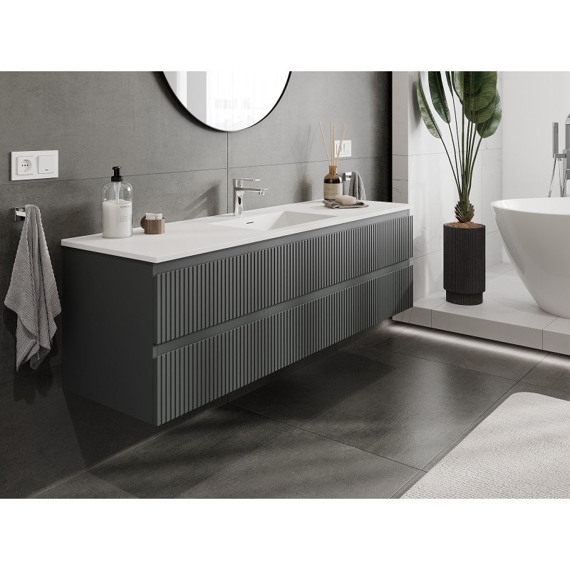 Mexen Rivel koupelnová skříňka 160 cm s umyvadlem Otis, 2 zásuvky, drážkovaná, grafit mat/bílá mat -