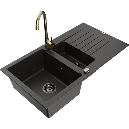 Mexen Matias granitový dřez 1,5-komorový s odkapávačem a kuchyňskou baterií Telma, černý/zlatý - 6502-75-670200-50-B