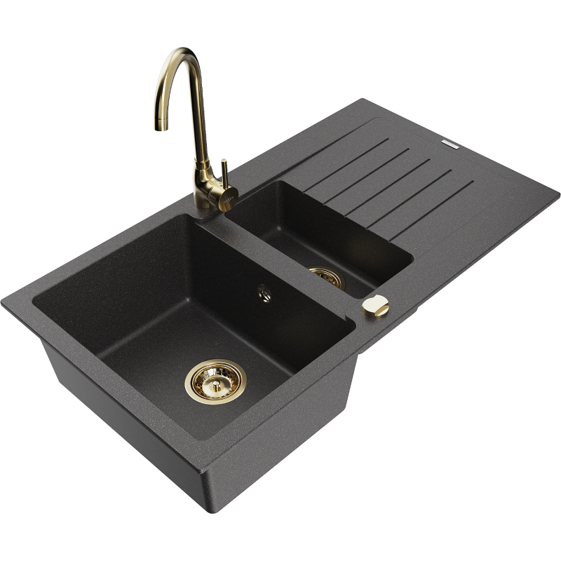 Mexen Matias granitový dřez s 1,5 komorami a odkapávačem, kuchyňská baterie Telma, černá tečkovaná - 6502-76-670200-50