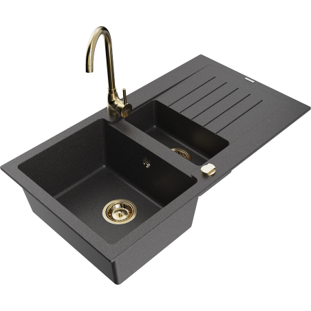 Mexen Matias granitový dřez s 1,5 komorami a odkapávačem, kuchyňská baterie Telma, černá tečkovaná - 6502-76-670200-50