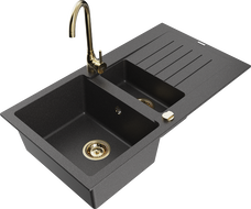 Mexen Matias granitový dřez s 1,5 komorami a odkapávačem, kuchyňská baterie Telma, černá tečkovaná - 6502-76-670200-50