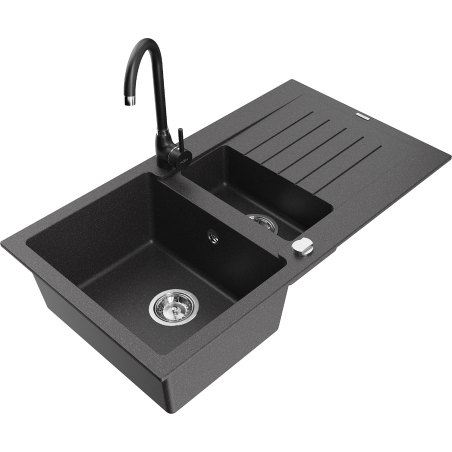 Mexen Matias granitový dřez 1,5-komorový s odkapávačem a kuchyňskou baterií Telma, černý s kropením - 6502-76-670200-70