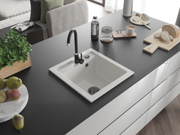 Mexen Vito granitový dřez 1-komorový s kuchyňskou baterií Telma, bílý - 6503-20-670200-70
