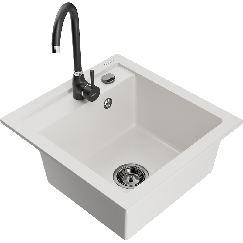 Mexen Vito granitový dřez 1-komorový s kuchyňskou baterií Telma, bílý - 6503-20-670200-70