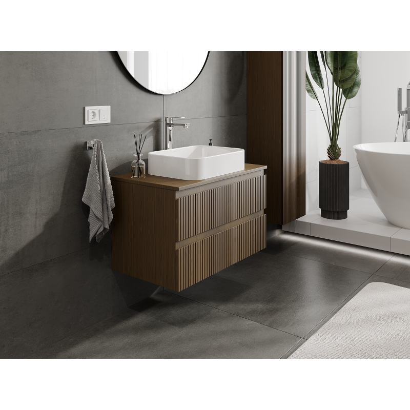 Mexen Rivel koupelnová skříňka pod umyvadlo 80 cm, 2 zásuvky, drážkovaná, ořech - 91A20-08047-2-BFF86