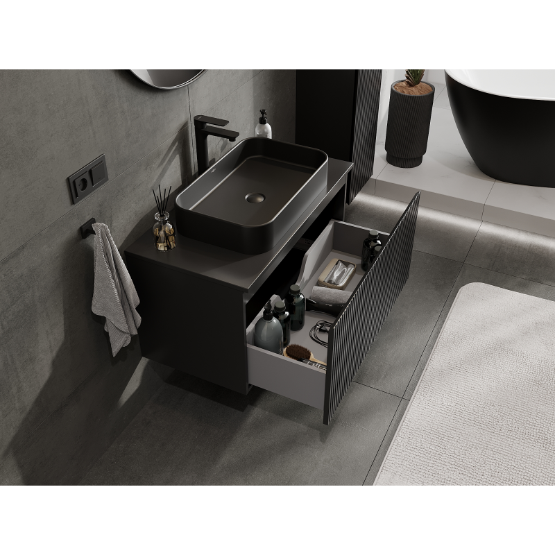 Mexen Rivel koupelnová skříňka pod umyvadlo 90 cm, 1 zásuvka, drážkovaná, černá mat - 91A20-09047-1-BF71