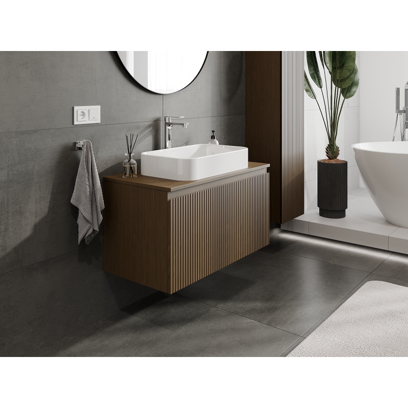 Mexen Rivel koupelnová skříňka pod umyvadlo 90 cm, 1 zásuvka, drážkovaná, ořech - 91A20-09047-1-BF86