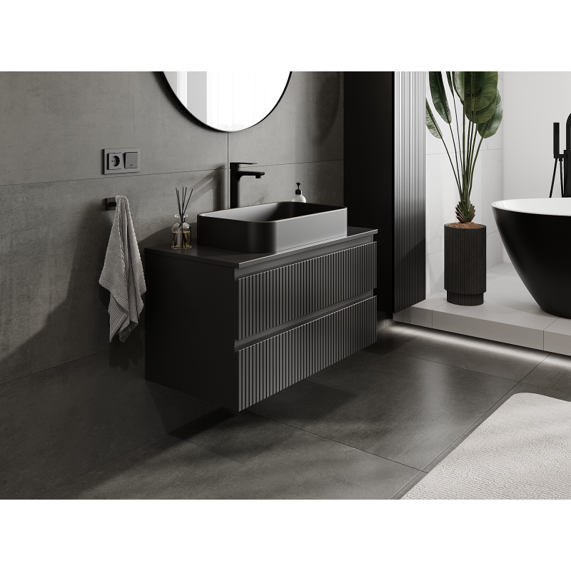 Mexen Rivel koupelnová skříňka pod umyvadlo 90 cm, 2 zásuvky, drážkované, černá mat - 91A20-09047-2-BFF71