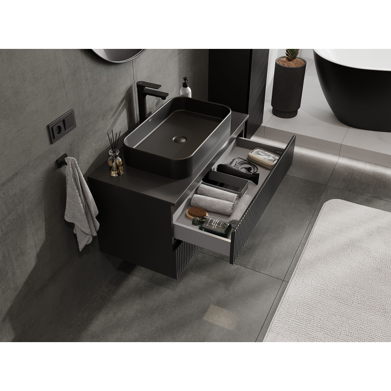 Mexen Rivel koupelnová skříňka pod umyvadlo 90 cm, 2 zásuvky, drážkované, černá mat - 91A20-09047-2-BFF71