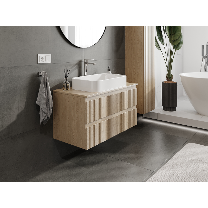 Mexen Rivel koupelnová skříňka pod umyvadlo 90 cm, 2 zásuvky, drážkovaná, dub - 91A20-09047-2-BFF81