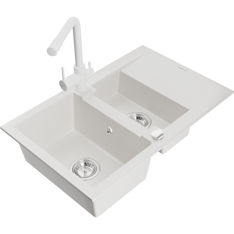 Mexen Gaspar granitový dřez 1,5-komorový s odkapávačem a kuchyňskou baterií Duero, bílý - 6507-20-671600-20