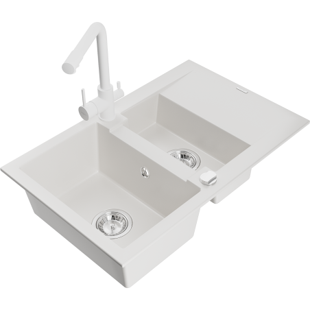 Mexen Gaspar granitový dřez 1,5-komorový s odkapávačem a kuchyňskou baterií Duero, bílý - 6507-20-671600-20
