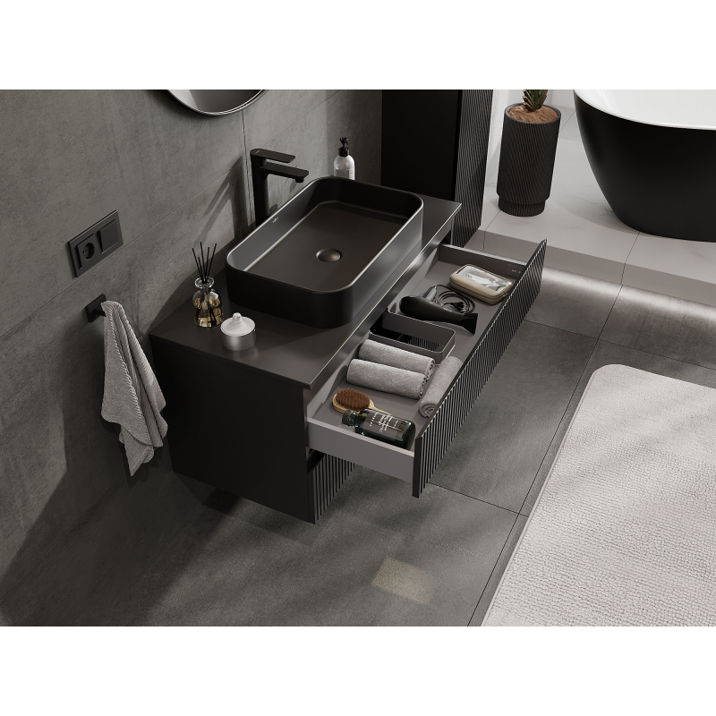 Mexen Rivel koupelnová skříňka pod umyvadlo 100 cm, 2 zásuvky, drážkovaná, černý mat - 91A20-10047-2-BFF71