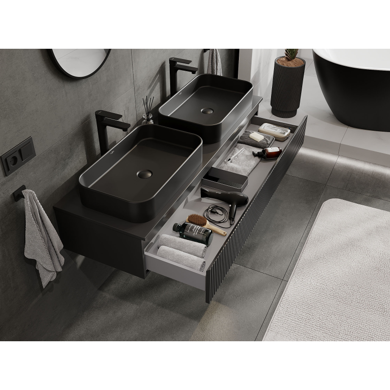 Mexen Rivel koupelnová skříňka pod umyvadlo 140 cm, 1 zásuvka, drážkovaná, černá mat - 91A20-14023-1-BF71