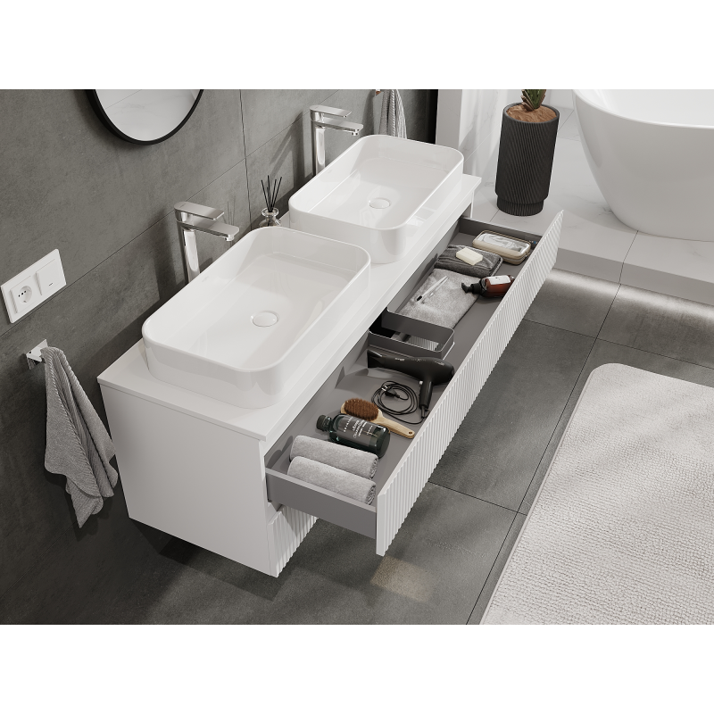 Mexen Rivel koupelnová skříňka pod umyvadlo 140 cm, 2 zásuvky, drážkovaná, bílá mat - 91A20-14047-2-BFF01