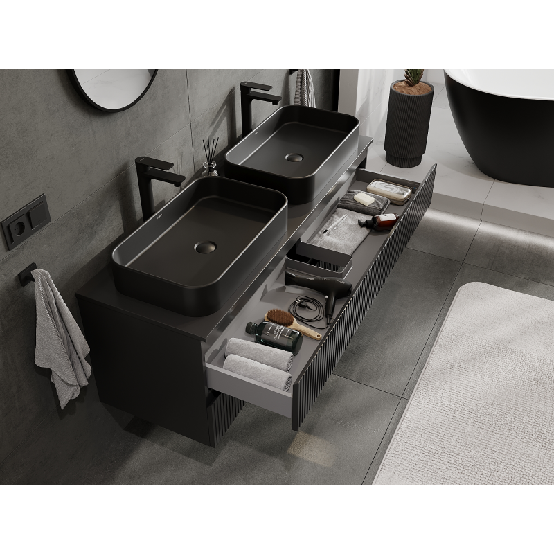 Mexen Rivel skříňka pod umyvadlo 140 cm, 2 zásuvky, rýhovaná, černá mat - 91A20-14047-2-BFF71