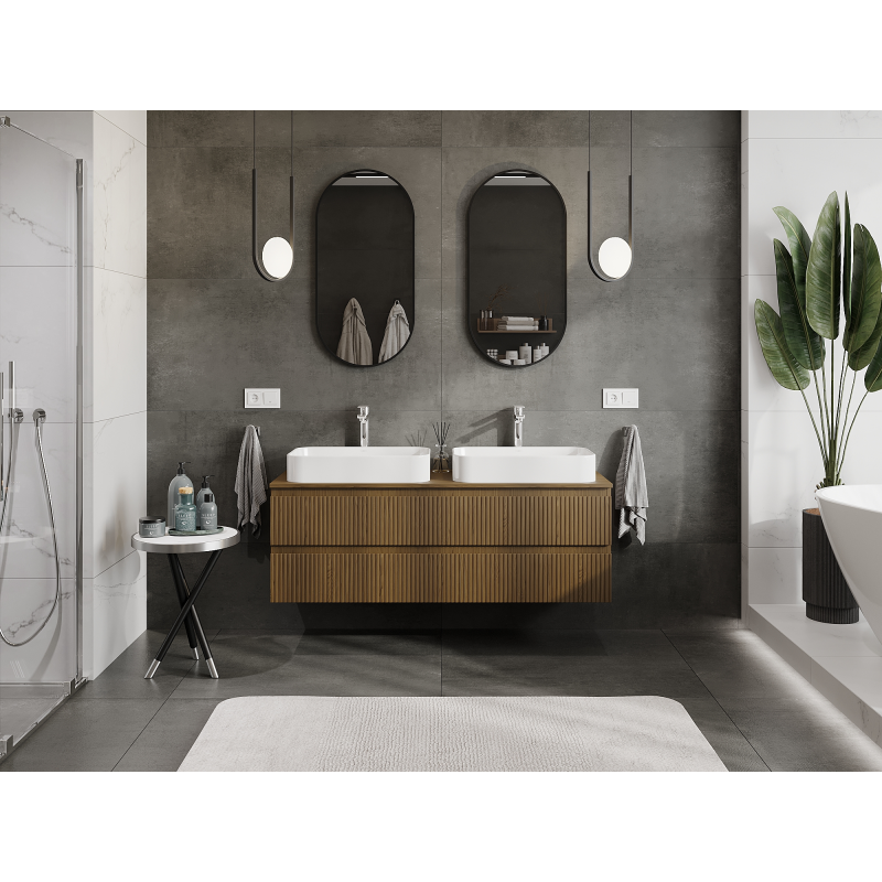 Mexen Rivel koupelnová skříňka pod umyvadlo 140 cm, 2 zásuvky, drážkovaná, ořech - 91A20-14047-2-BFF86