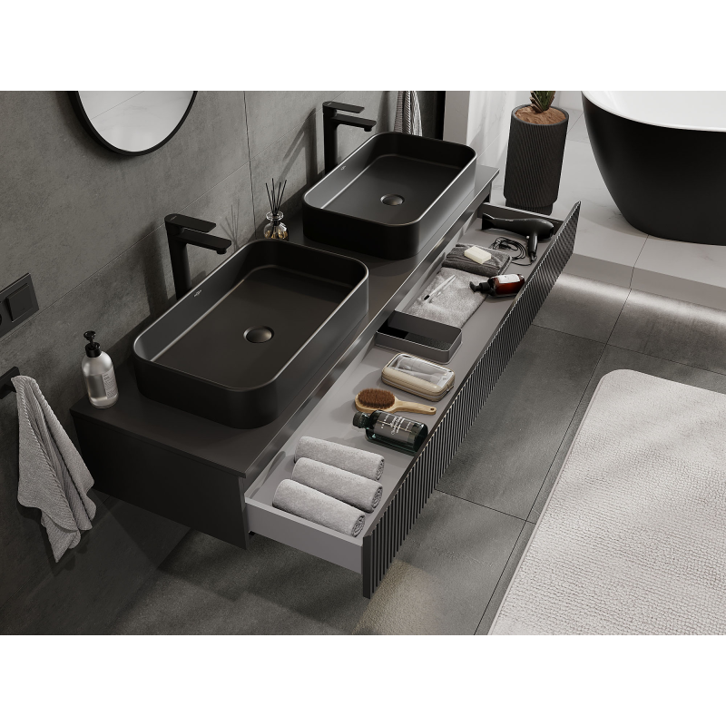 Mexen Rivel koupelnová skříňka pod umyvadlo 160 cm, 1 zásuvka, rýhovaná, černá matná - 91A20-16023-1-BF71