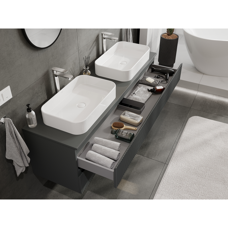 Mexen Rivel koupelnová skříňka pod umyvadlo 160 cm, 2 zásuvky, rýhovaná, grafit mat - 91A20-16047-2-BFF66