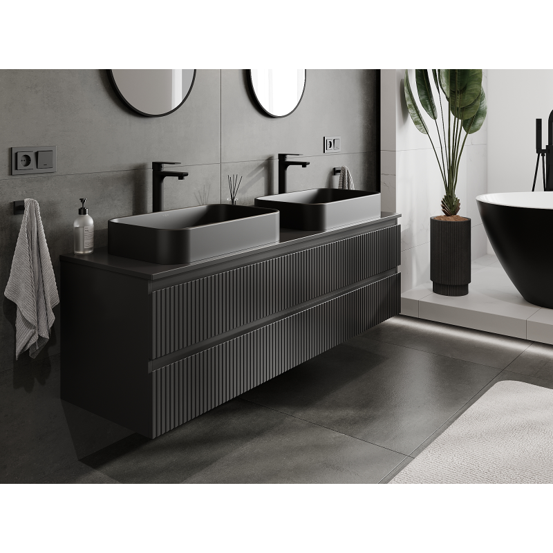 Mexen Rivel koupelnová skříňka pod umyvadlo 160 cm, 2 zásuvky, rýhovaná, černá matná - 91A20-16047-2-BFF71