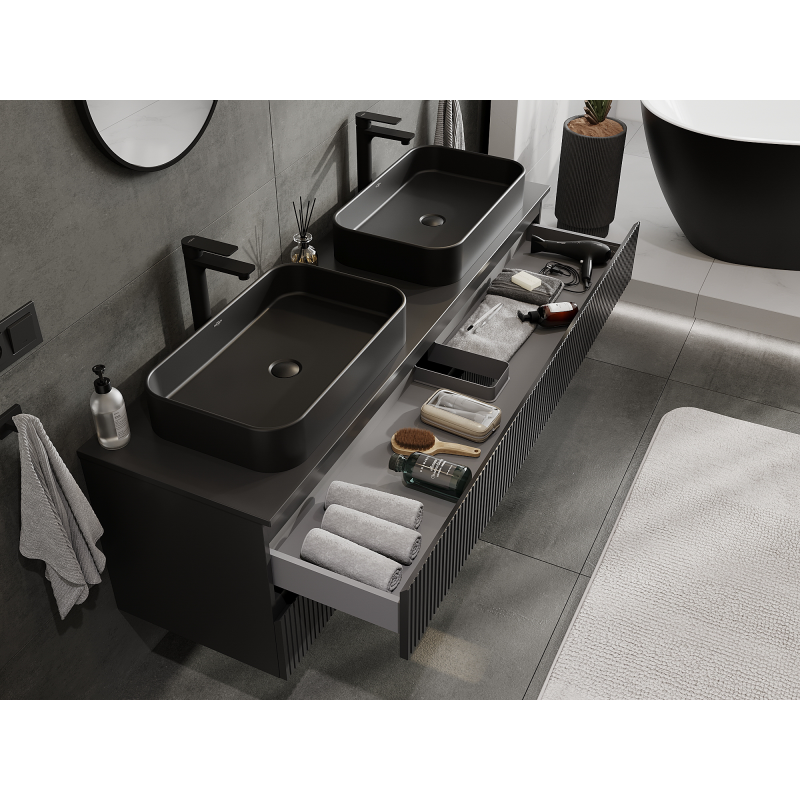 Mexen Rivel koupelnová skříňka pod umyvadlo 160 cm, 2 zásuvky, rýhovaná, černá matná - 91A20-16047-2-BFF71