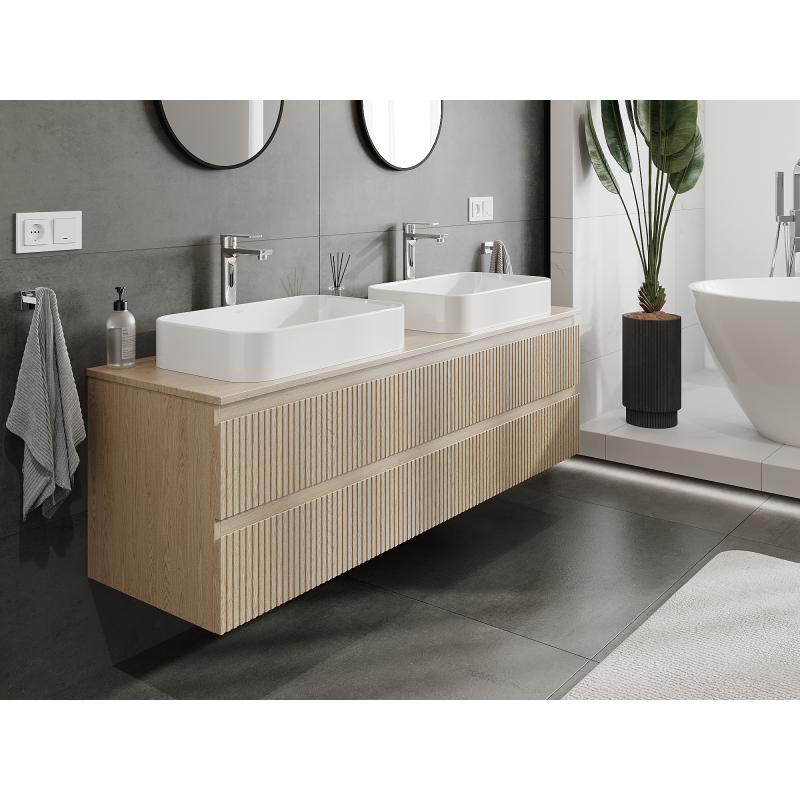 Mexen Rivel koupelnová skříňka pod umyvadlo 160 cm, 2 zásuvky, drážkovaná, dub - 91A20-16047-2-BFF81