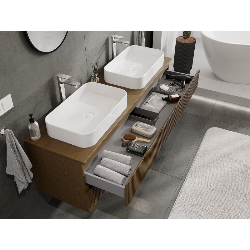 Mexen Rivel koupelnová skříňka pod umyvadlo 160 cm, 2 zásuvky, drážkovaná, ořech - 91A20-16047-2-BFF86