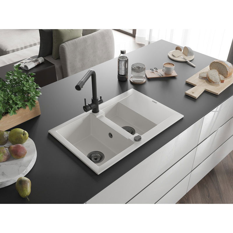 Mexen Gaspar granitový dřez 1,5-komorový s odkapávačem a kuchyňskou baterií Duero, bílý - 6507-20-671600-70