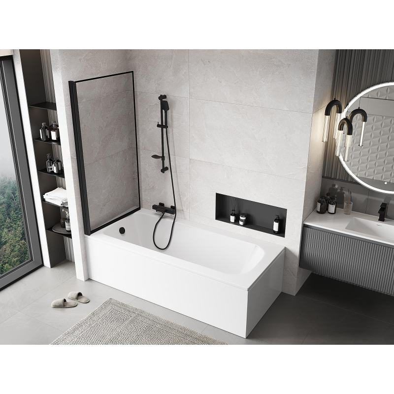 Mexen Mist vanová zástěna 1-křídlová levá 90 x 150 cm, černý rám, černá - 8A9-090-001-70-70-L