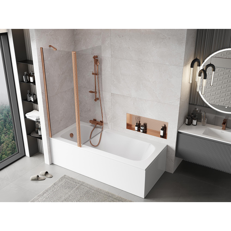 Mexen Mist vanová zástěna 2-křídlová 130 x 150 cm, transparentní, kartáčovaná měď - 8A9-130-011-65-00