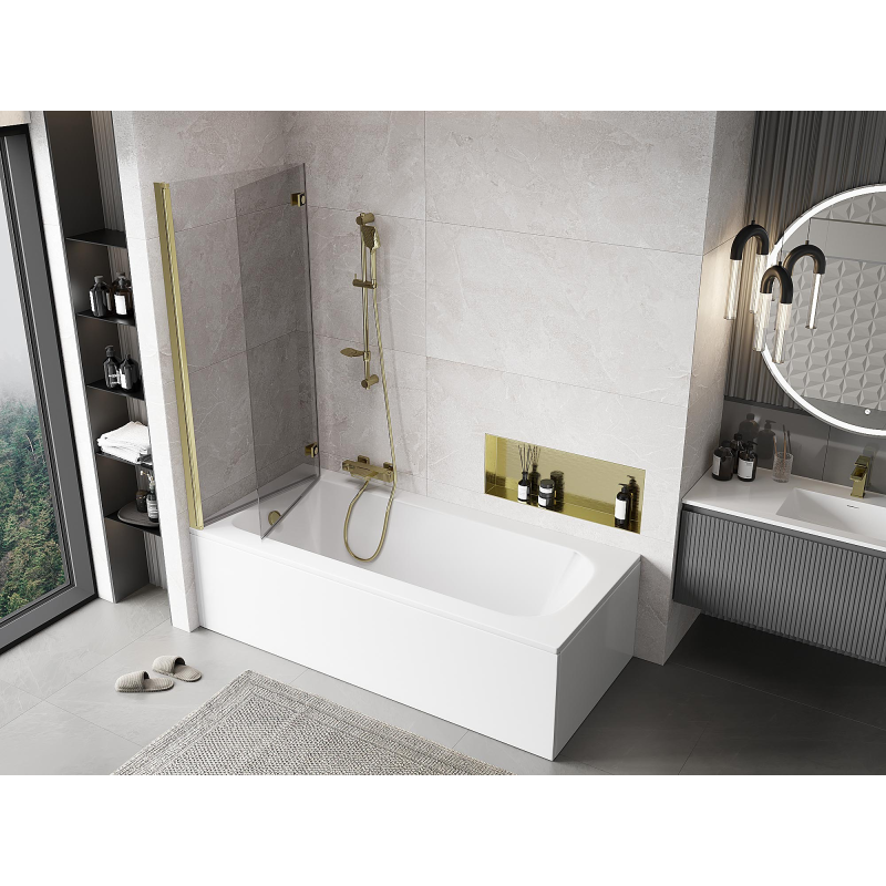 Mexen Mist, vana se sprchovou zástěnou, 2dílná, levá, 140 x 150 cm, transparentní, zlatá - 8A9-140-002-50-00-L