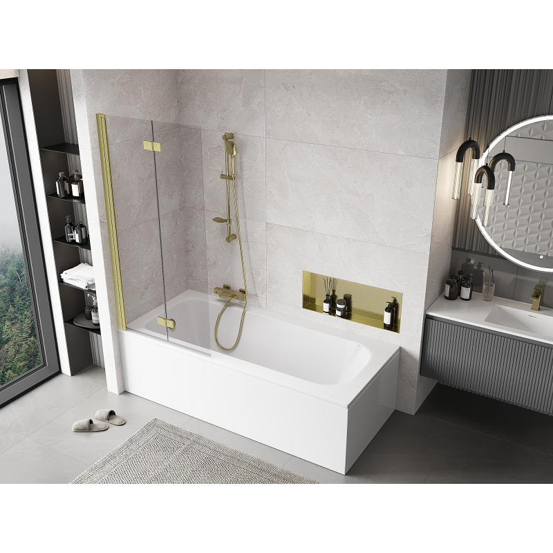 Mexen Mist vanová zástěna dvoudílná levá 80 x 150 cm, transparentní, zlatá kartáčovaná - 8A9-080-002-55-00-L