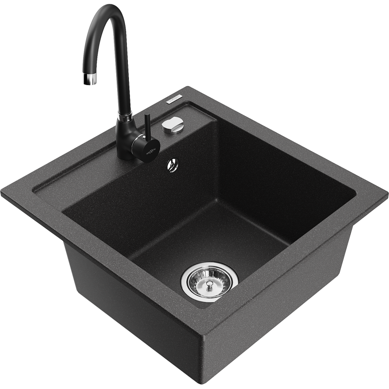 Mexen Vito granitový dřez 1-komorový s kuchyňskou baterií Telma, černý s tečkami - 6503-76-670200-70