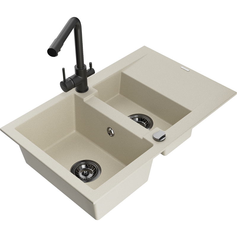 Mexen Gaspar dřez žulový 1,5-komorový s odkapávačem a kuchyňskou baterií Duero, béžový - 6507-69-671600-70