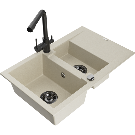 Mexen Gaspar dřez žulový 1,5-komorový s odkapávačem a kuchyňskou baterií Duero, béžový - 6507-69-671600-70