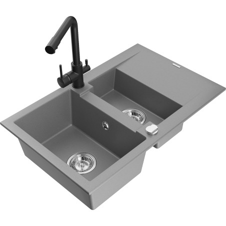 Mexen Gaspar granitový dřez 1,5-komorový s odkapávačem a kuchyňskou baterií Duero, šedý - 6507-71-671600-70