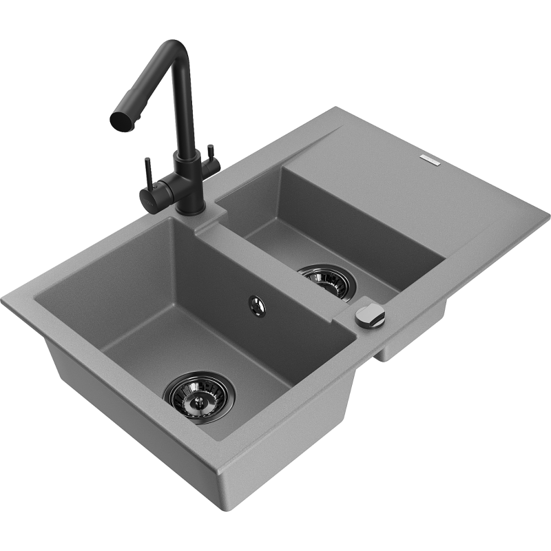 Mexen Gaspar granitový dřez 1,5-komorový s odkapávačem a kuchyňskou baterií Duero, šedý - 6507-71-671600-70-B