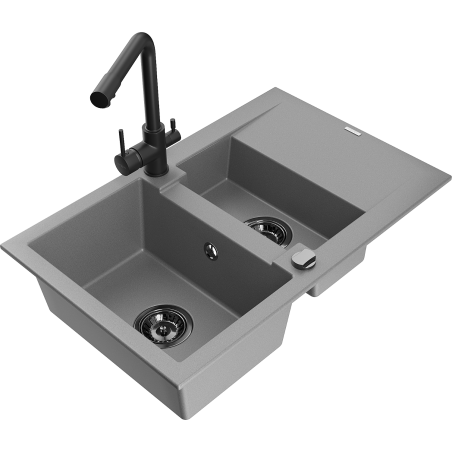 Mexen Gaspar granitový dřez 1,5-komorový s odkapávačem a kuchyňskou baterií Duero, šedý - 6507-71-671600-70-B