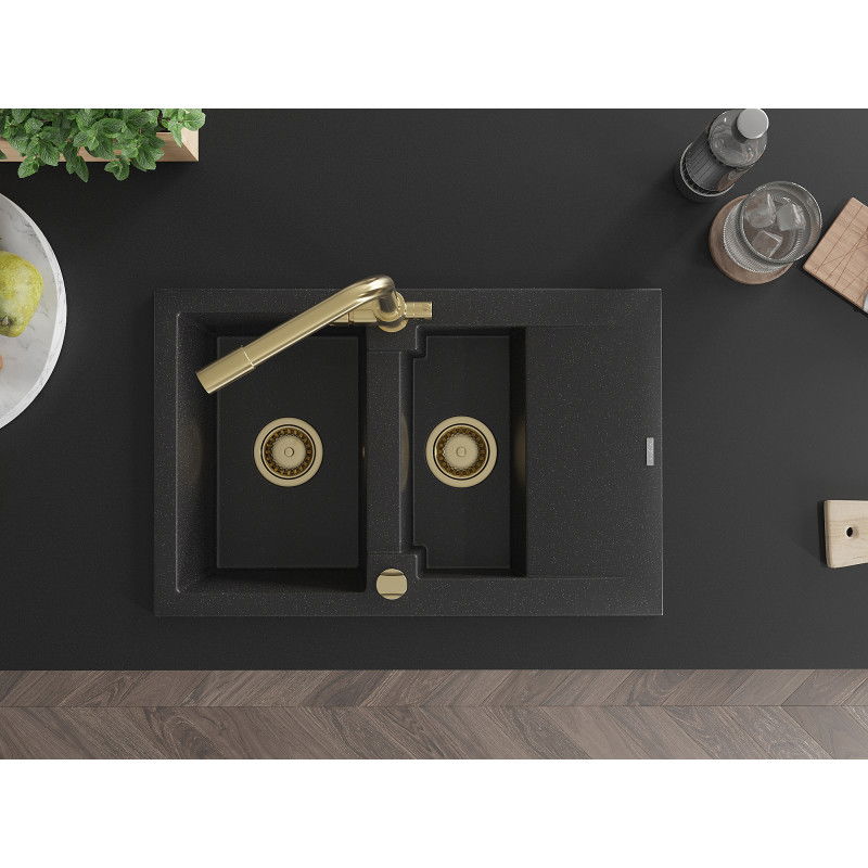 Mexen Gaspar granitový dřez 1,5-komorový s odkapávačem a kuchyňskou baterií Duero, černý/stříbrný - 6507-73-671600-50
