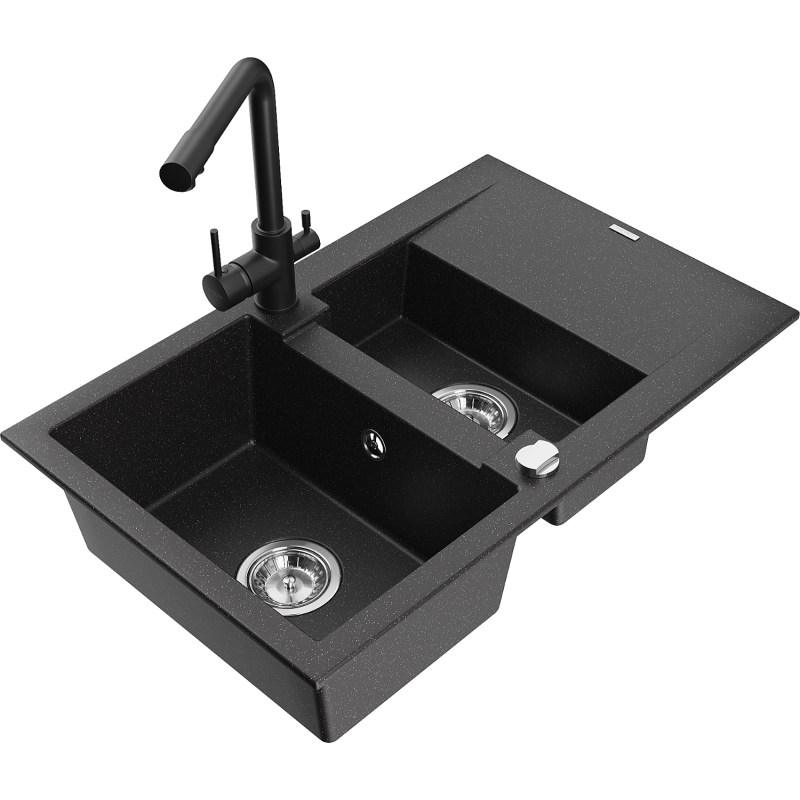 Mexen Gaspar granitový dřez 1,5-komorový s odkapávačem a kuchyňskou baterií Duero, černý/stříbrný - 6507-73-671600-70