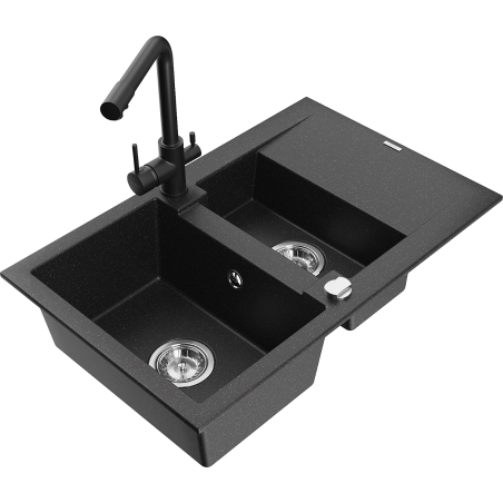 Mexen Gaspar granitový dřez 1,5-komorový s odkapávačem a kuchyňskou baterií Duero, černý/stříbrný - 6507-73-671600-70