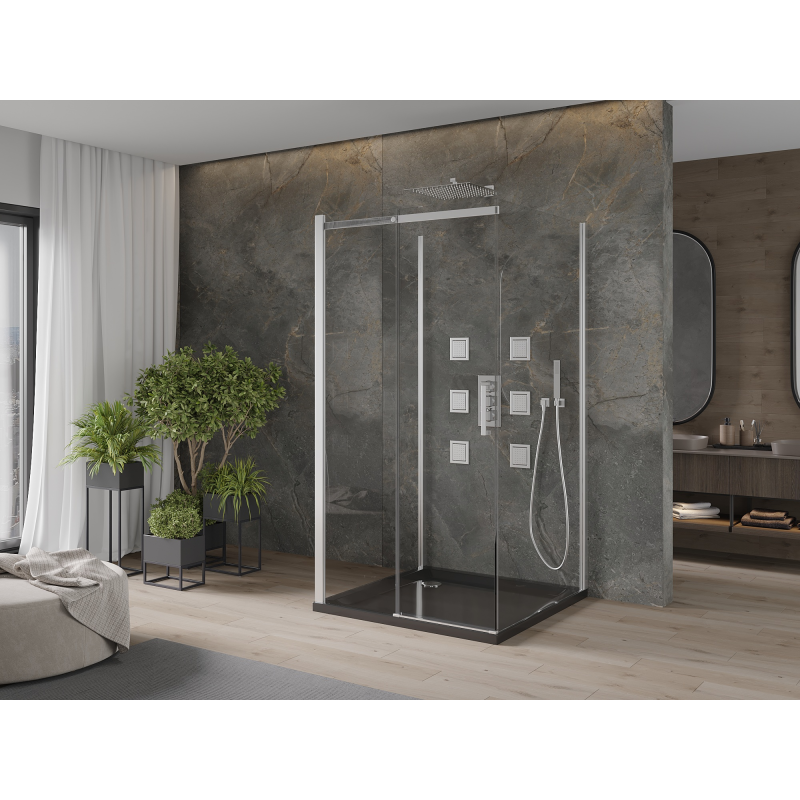 Mexen Omega-3S sprchový kout 3-stěnný, posuvný 100x100 cm, transparentní, chrom + vanička Flat - 825-100-100-01-00-3s-4070