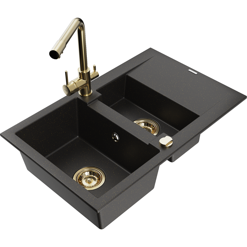 Mexen Gaspar granitový dřez 1,5-komorový s odkapávačem a kuchyňskou baterií Duero, černý/zlatý metalik - 6507-75-671600-50