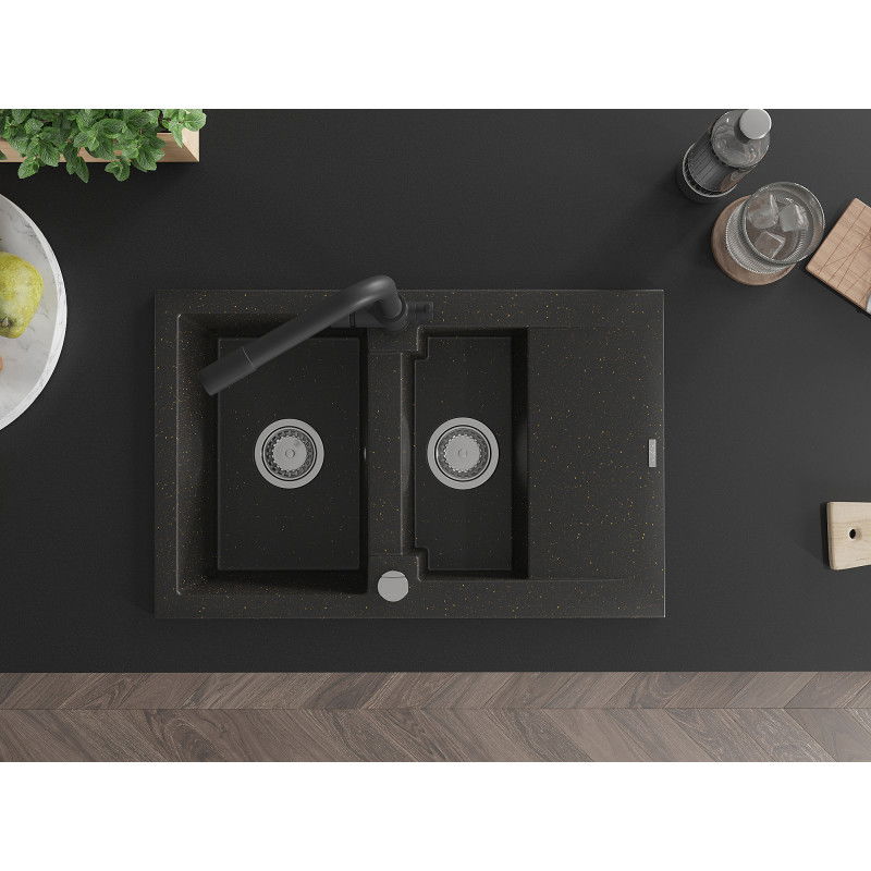 Mexen Gaspar granitový dřez 1,5-komorový s odkapávačem a kuchyňskou baterií Duero, černý/zlatý - 6507-75-671600-70