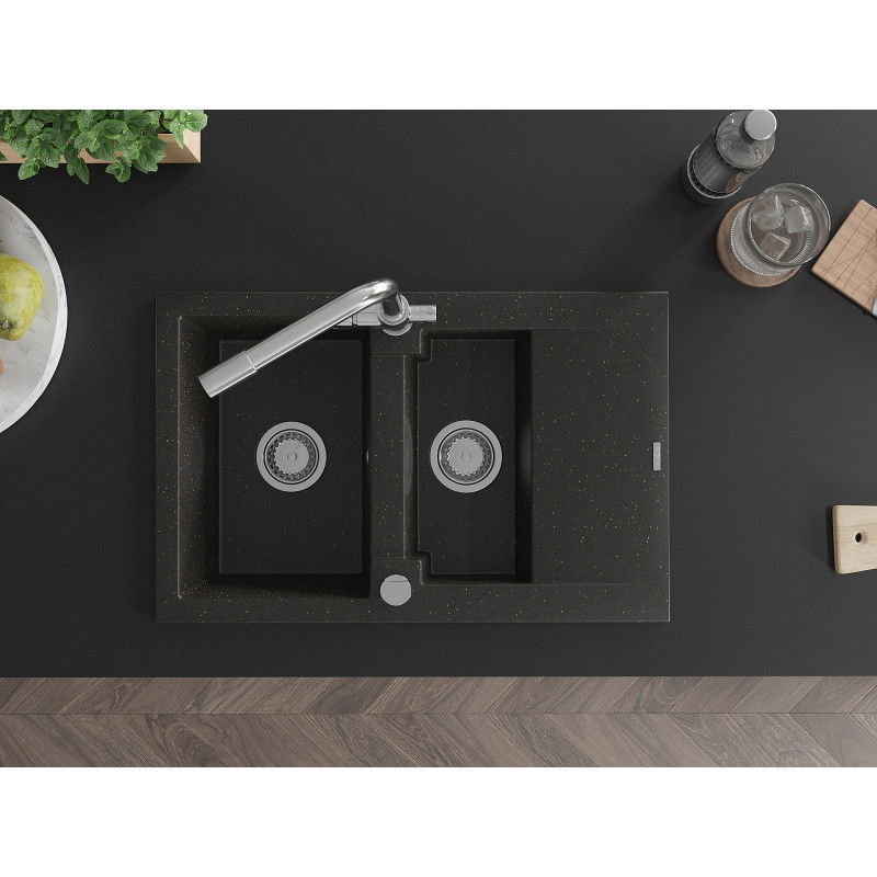 Mexen Gaspar granitový dřez 1,5-komorový s odkapávačem a kuchyňskou baterií Duero, černý/zlatý metalik - 6507-75-671600-00