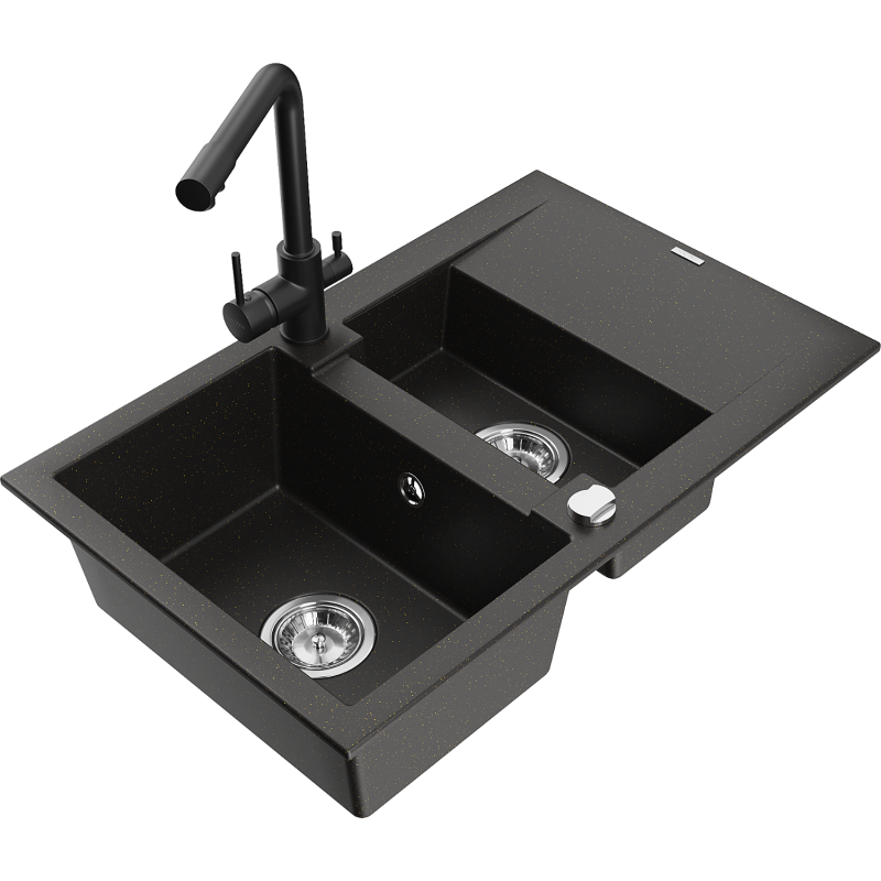 Mexen Gaspar granitový dřez 1,5-komorový s odkapávačem a kuchyňskou baterií Duero, černý/zlatý - 6507-75-671600-70