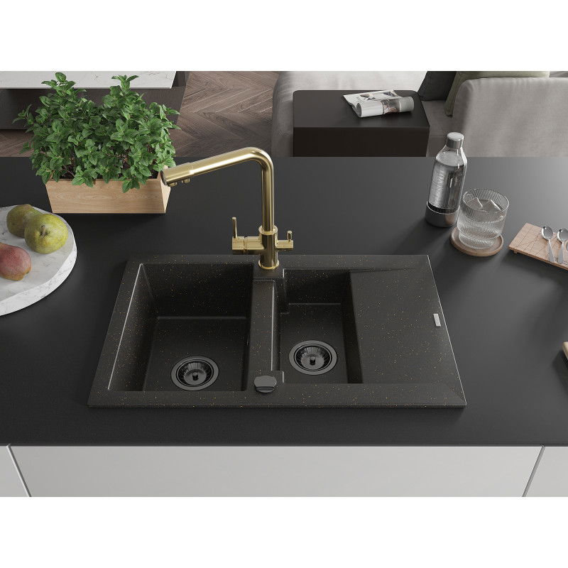 Mexen Gaspar granitový dřez 1,5-komorový s odkapávačem a kuchyňskou baterií Duero, černý/zlatý - 6507-75-671600-50-B