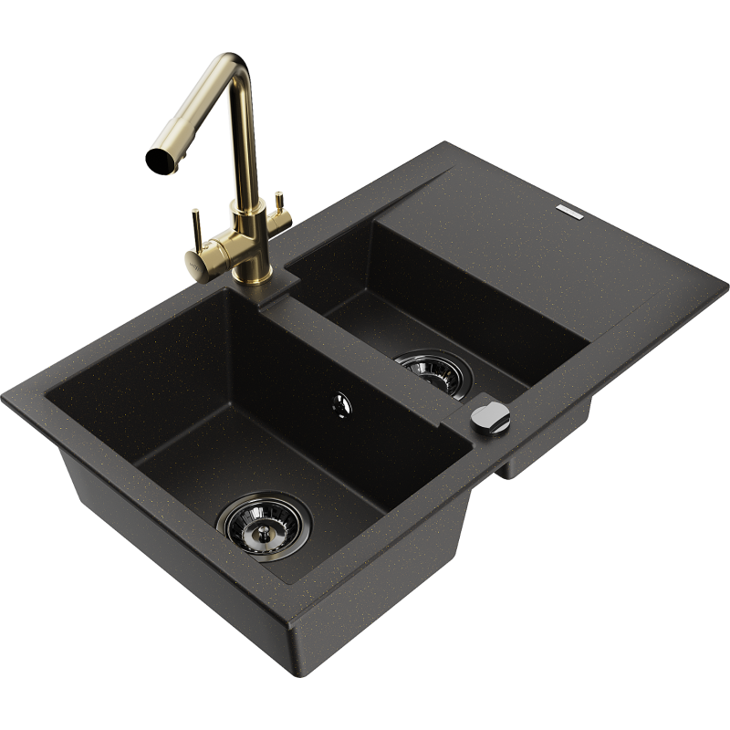 Mexen Gaspar granitový dřez 1,5-komorový s odkapávačem a kuchyňskou baterií Duero, černý/zlatý - 6507-75-671600-50-B